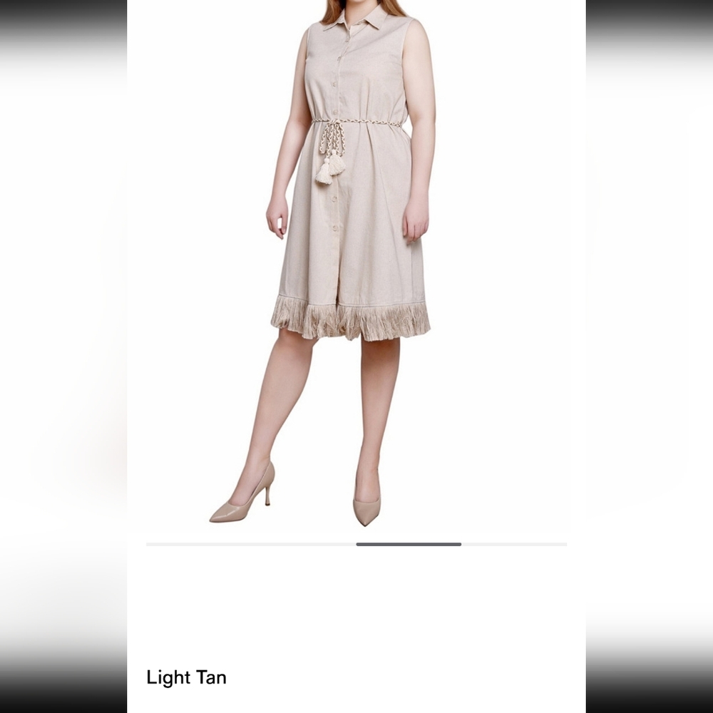 NY Collection Beige Midi Skirt with Tassel Fringe Linen Blend